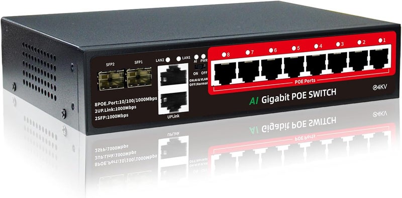 STEAMEMO 8-Port Gigabit PoE Switch | 2×Gigabit Uplinks + 2×1.25G SFP, AI VLAN Mode, 802.3af/at@120W, Unmanaged Metal Plug & Play (Desktop/Wall Mount) - Image 1